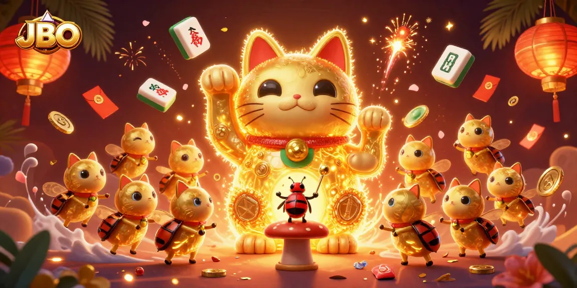 Engage with JBO's vibrant gaming adventure featuring animated lucky cat and golden symbols.