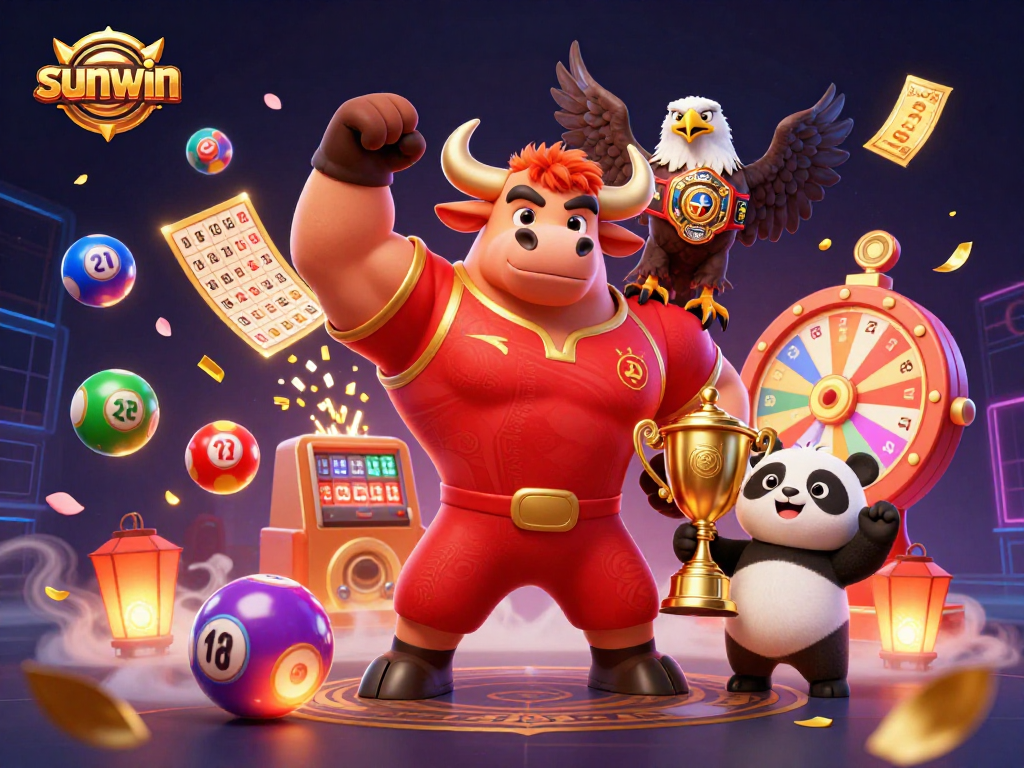 Win big with sunwin amidst dynamic lottery elements and cheerful mascots celebrating!