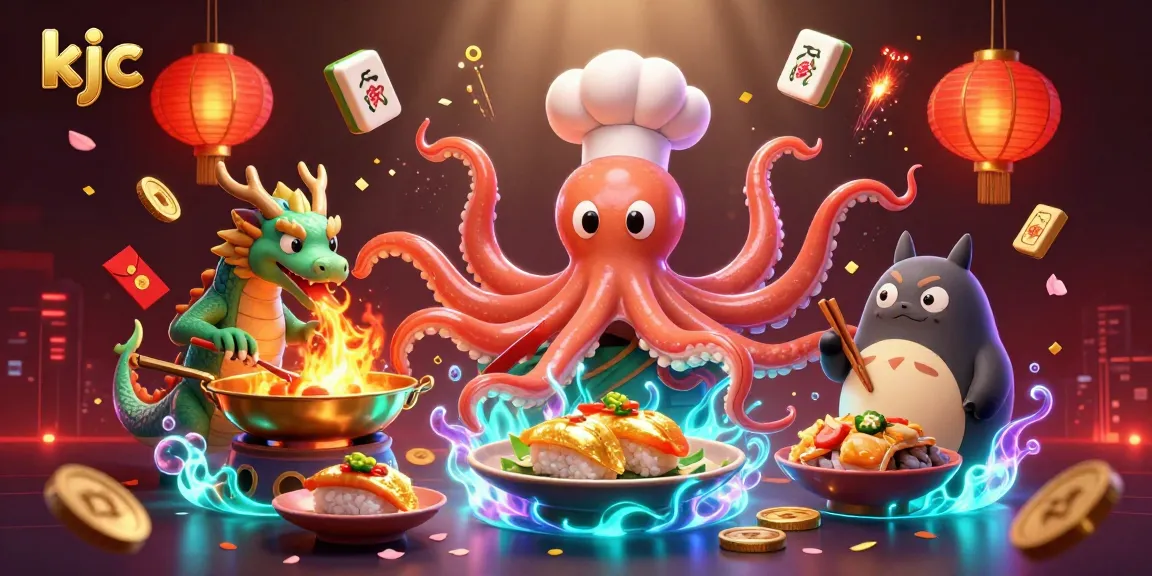 Engage with KJC's unique 3D casino world featuring a sushi chef and dragon in action.
