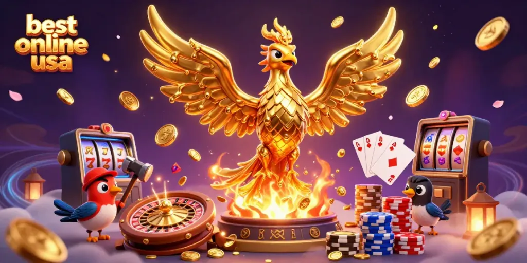 Engage with the best online casino usa through a stunning gold phoenix and casino elements.