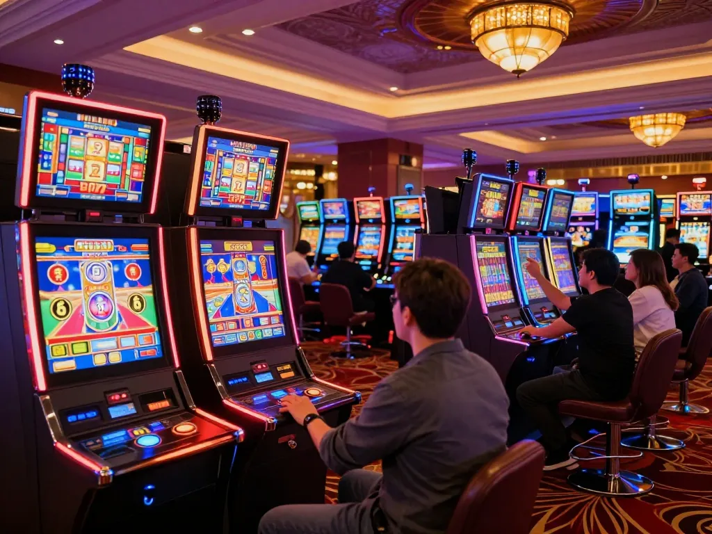 Engaging players enjoying slot bet 200 in a lively casino atmosphere, vibrant machines and celebrations.