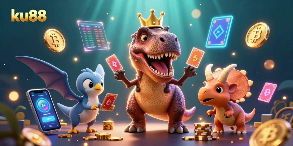 Join the fun at ku88 with friendly dinosaurs playing cards and stacking golden chips!