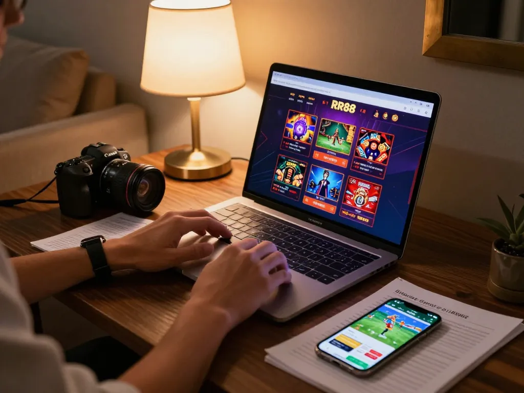 Engaging in online RR88 gaming with a laptop and smartphone in a cozy setting