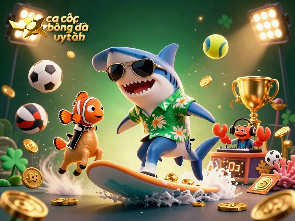 Cá cược bóng đá uy tín với hình ảnh sống động về cá mập và các yếu tố thể thao.