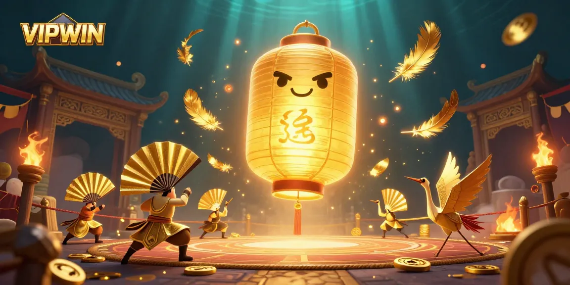 Engage in thrilling gameplay with VIPWIN at this vibrant night market casino scene showcasing a golden lantern spirit.