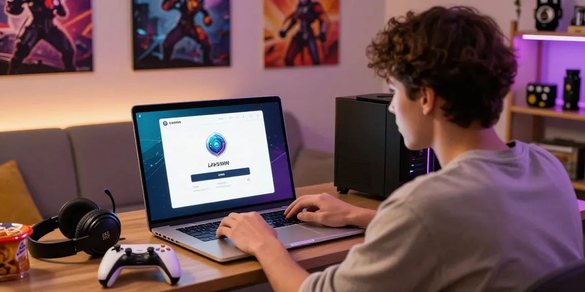 A young adult accessing the LAVOWIN daftar login page in a cozy home gaming setup, showcasing modern digital accessibility.