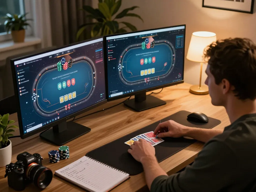 Engaging scene of an online poker game at home, showcasing badak178 with player using strategy notes.