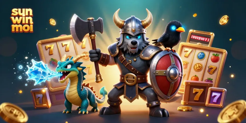 Engage in thrilling gameplay with sun win moi as the Viking wolf warrior battles alongside mythical creatures in a vibrant casino.