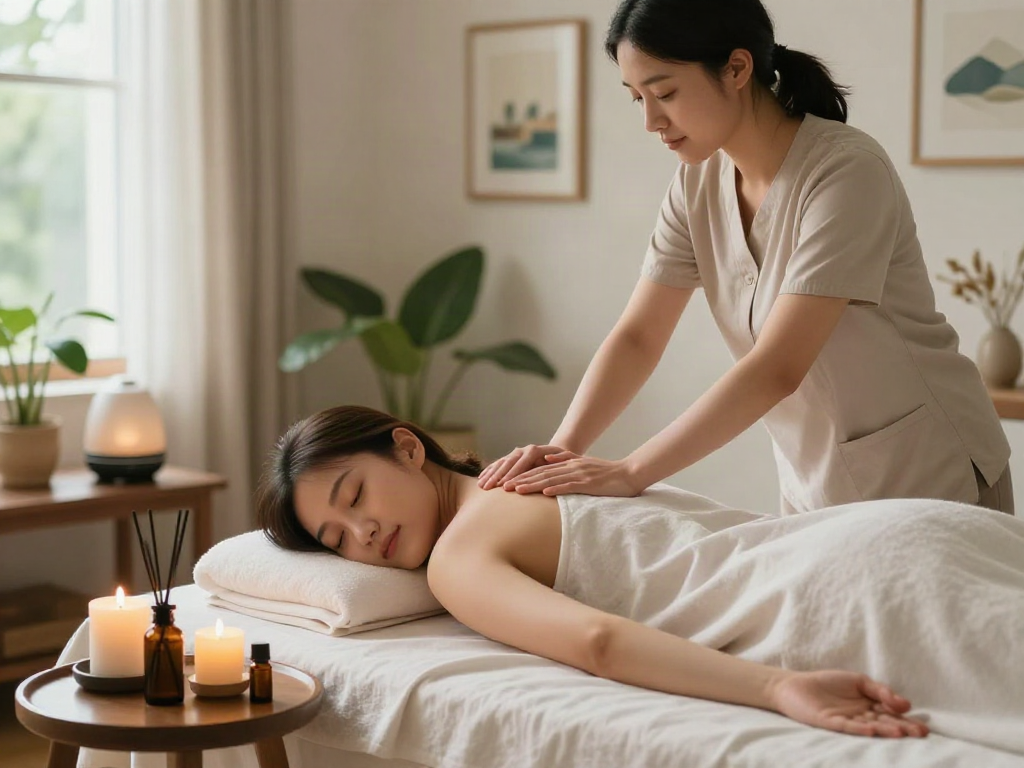 Experience 동작출장안마 with a relaxing home massage atmosphere featuring a professional therapist and calming decor.