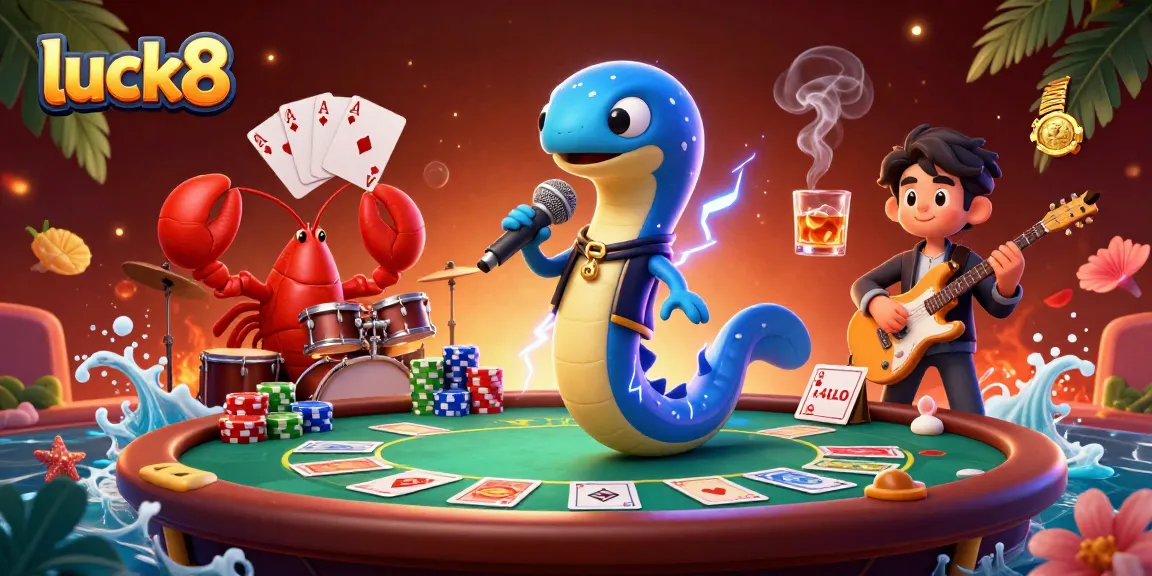 Engage with luck8 in a vibrant underwater casino scene featuring a DJ electric eel and gaming elements.