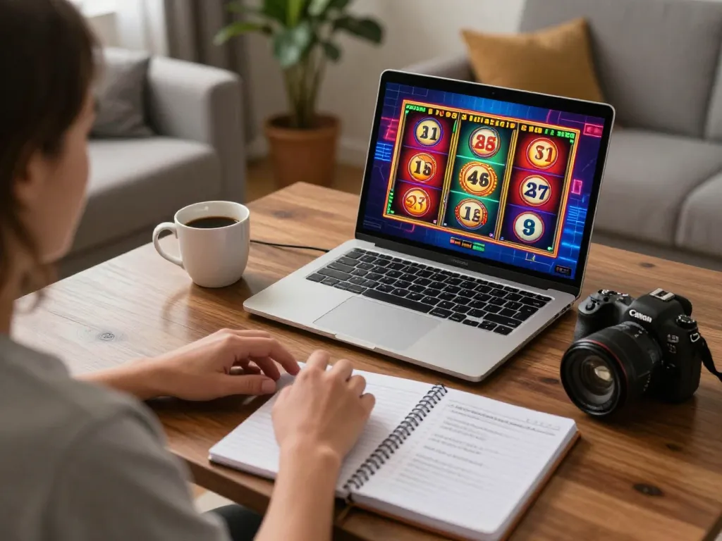Player enjoying rokok88 slot games on laptop in a cozy home setting.