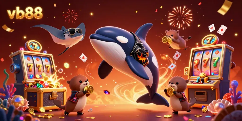 Experience the thrill of winning at vb88 with underwater characters celebrating amidst casino elements and treasures.