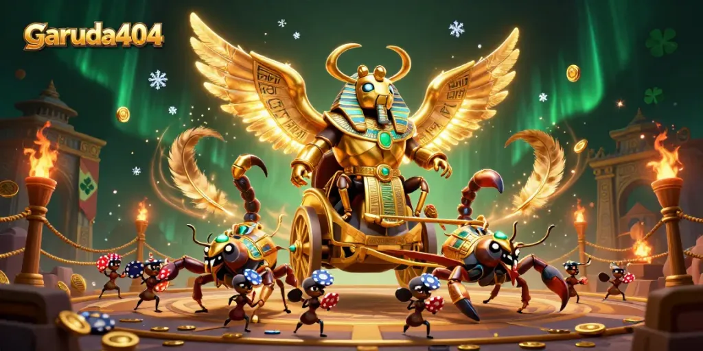 garuda404 showcases a colossal scarab beetle commanding a chariot in a vibrant casino arena.