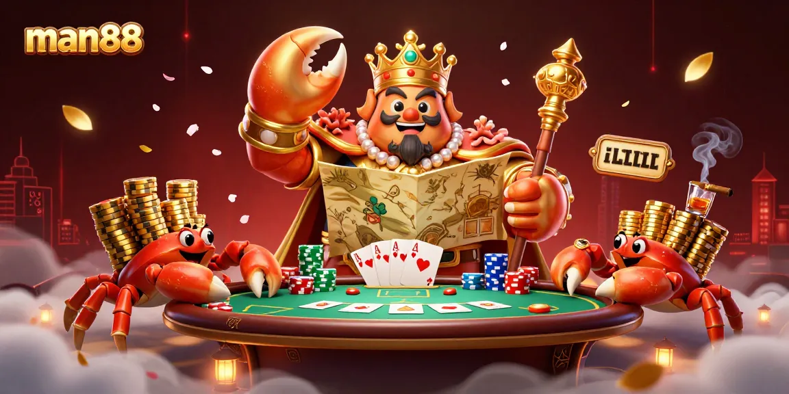 Experience man88 with a golden crab emperor leading a vibrant gambling scene full of excitement.