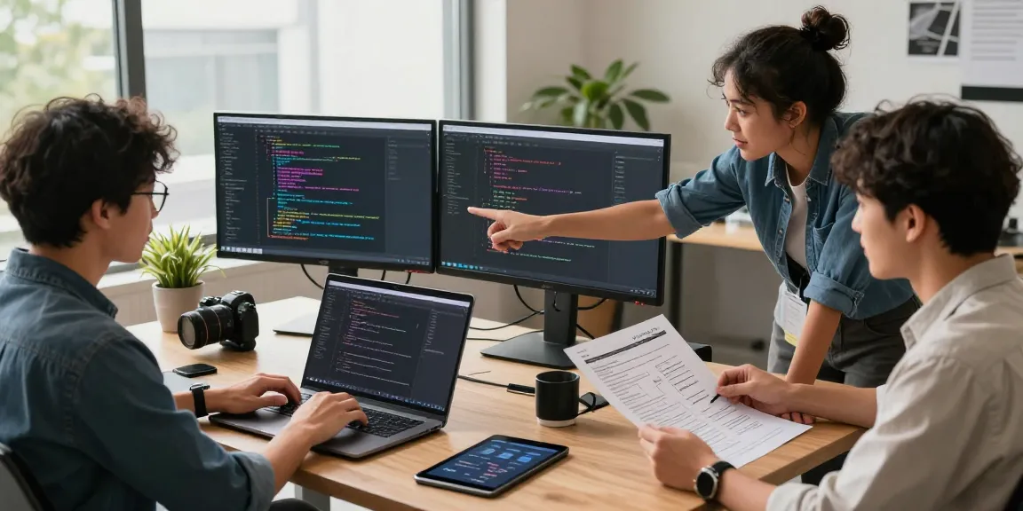 Build internal tools with AI in a modern workspace, team collaborating with laptops and monitors.