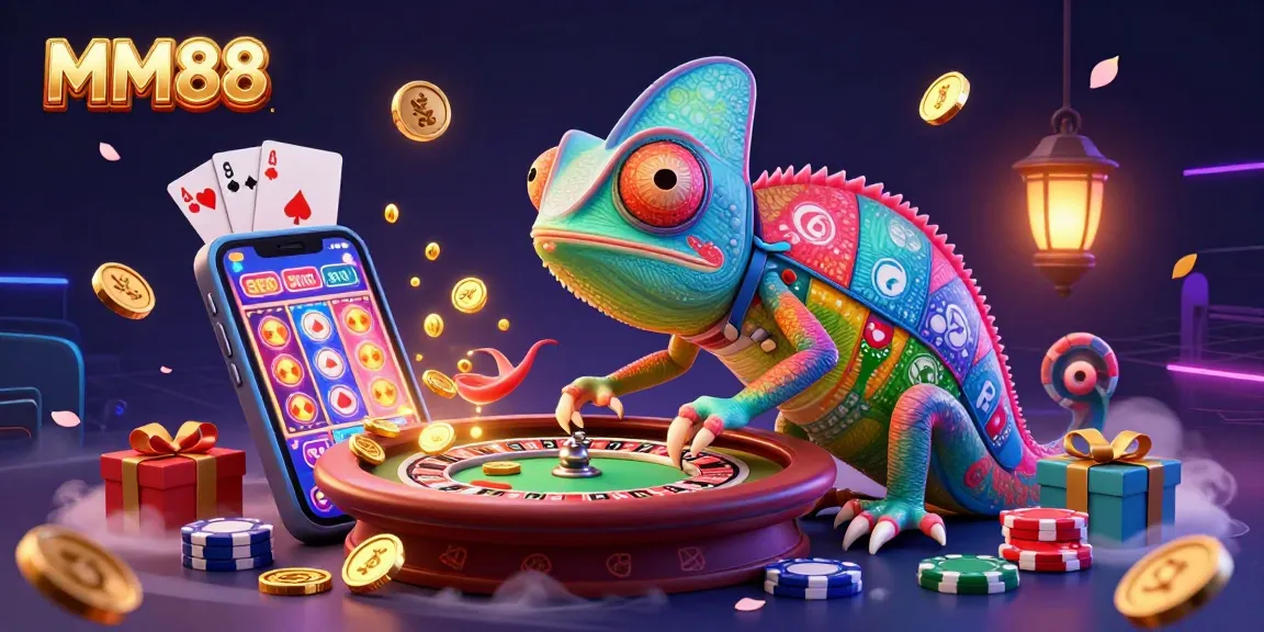 Spin golden coins at MM88 with this vibrant 3D casino illustration featuring a chameleon and gambling elements.