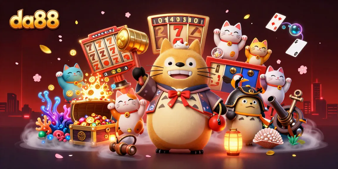 da88 featuring a cheerful tanuki in a vibrant 3D casino scene with slot elements and lucky symbols
