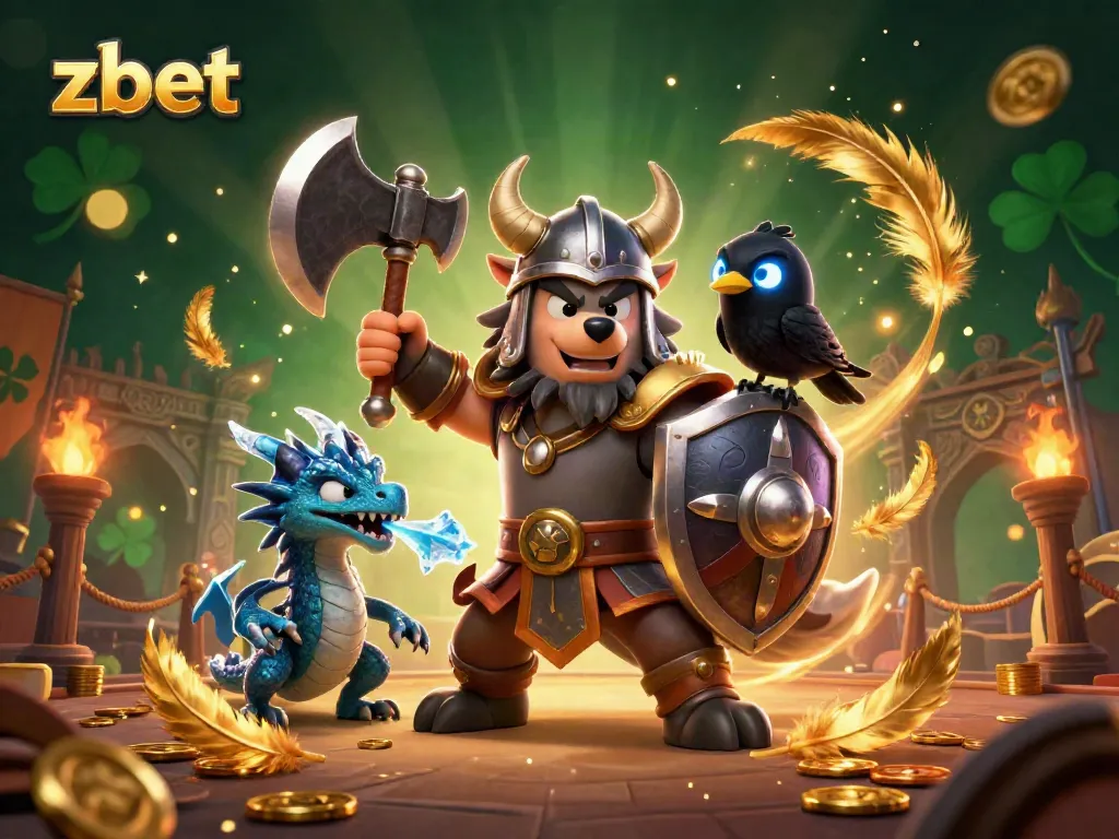 Engage in thrilling gameplay with zbet's Viking hero defending treasures in a vibrant casino setting.