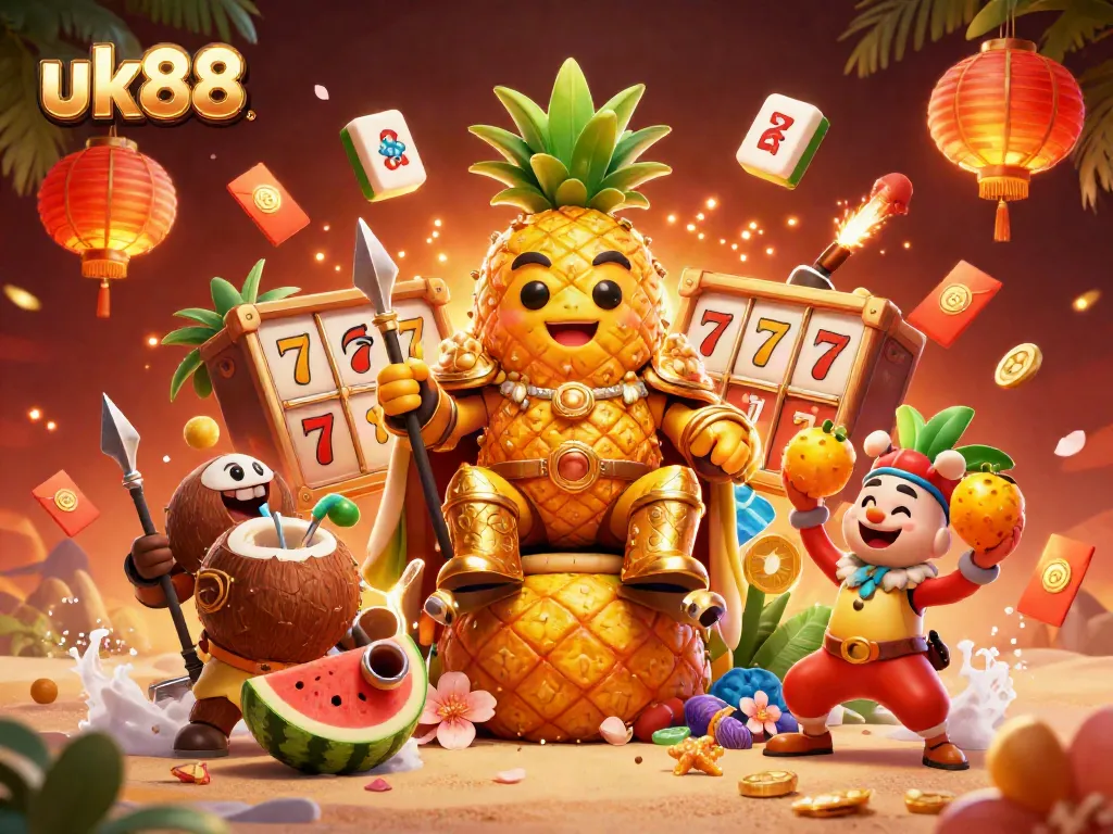 Experience thrilling gaming with uk88 at a vibrant beach casino scene filled with lucky symbols and festive elements.