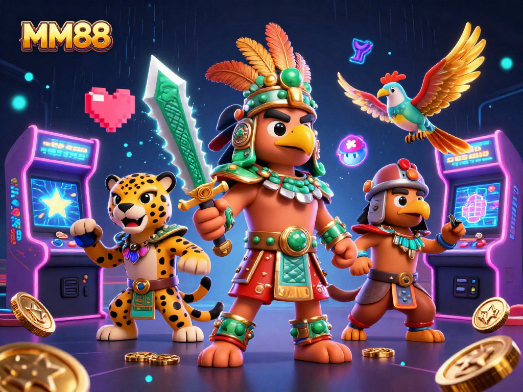 Experience thrilling moments with MM88 featuring a 3D Aztec warrior in a vibrant casino setting.