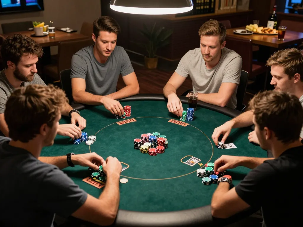 Engaging home poker night with friends strategizing on Texas Hold'em while enjoying snacks, showcasing organiclifetree's essence of casual gambling.