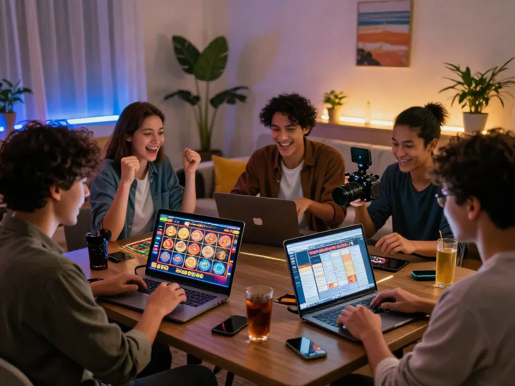 Friends enjoying a thrilling online casino experience at https://da88z.net/, engaging with slot games and strategy discussions in a cozy setting.