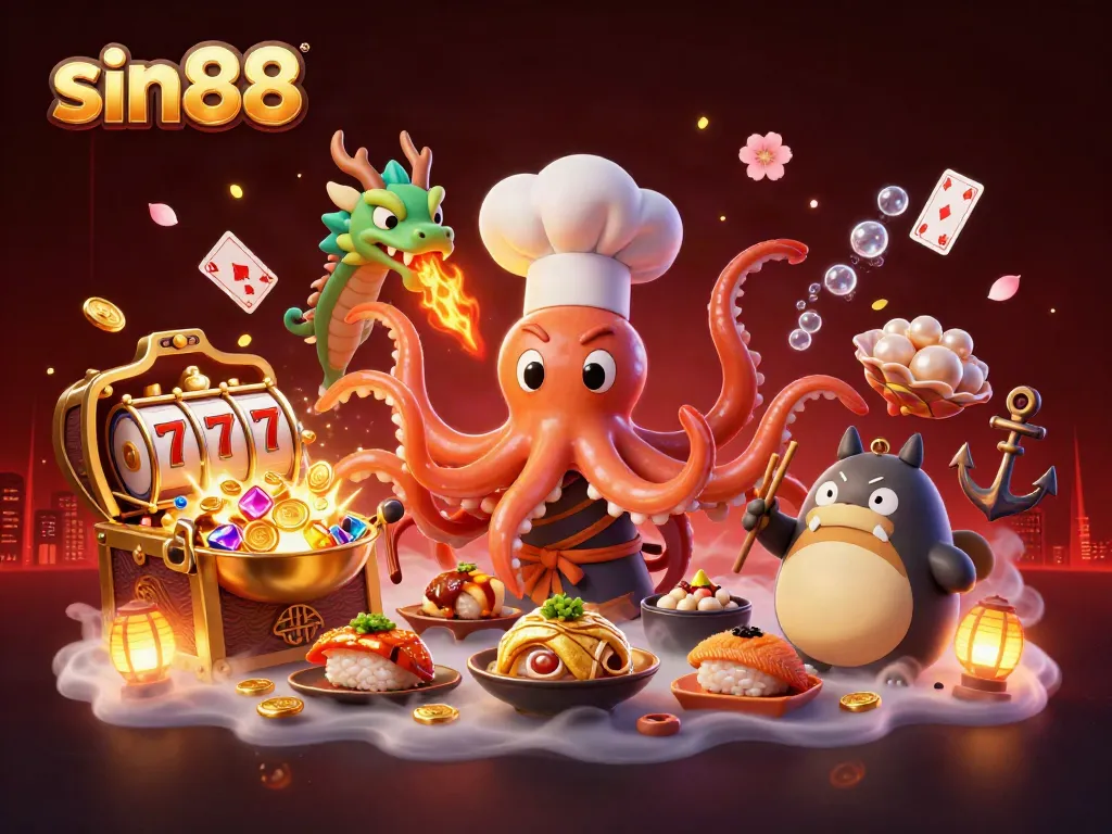 Experience the thrill of sin88 with a vibrant 3D casino scene featuring an octopus chef and dragon.