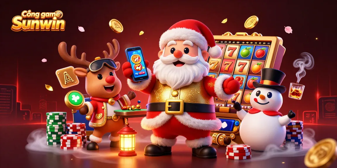 Cổng game Sunwin showcases a vibrant 3D casino scene with festive characters and dynamic slot elements.