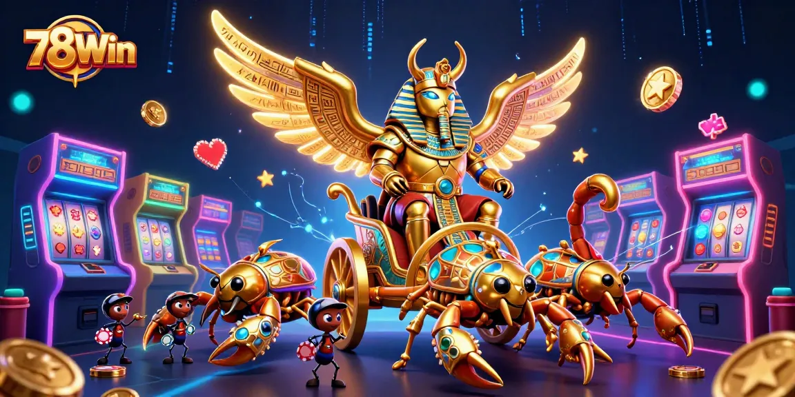 Engage with 78Win's captivating casino experience featuring golden scarab and jewel-encrusted scorpions.