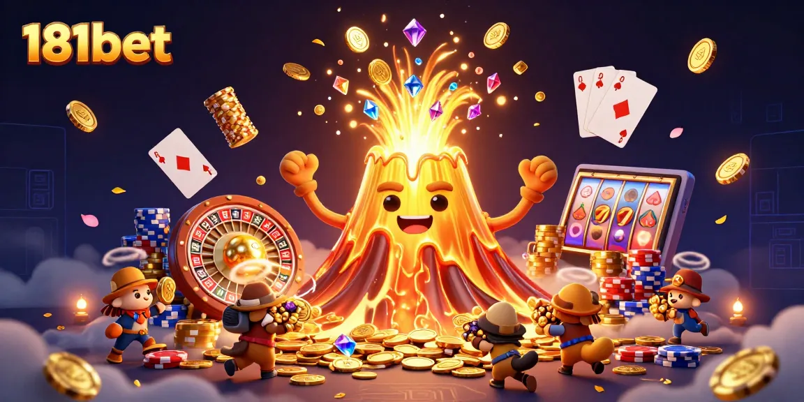 Win big at 181bet with a triumphant golden volcano erupting treasures and casino excitement.