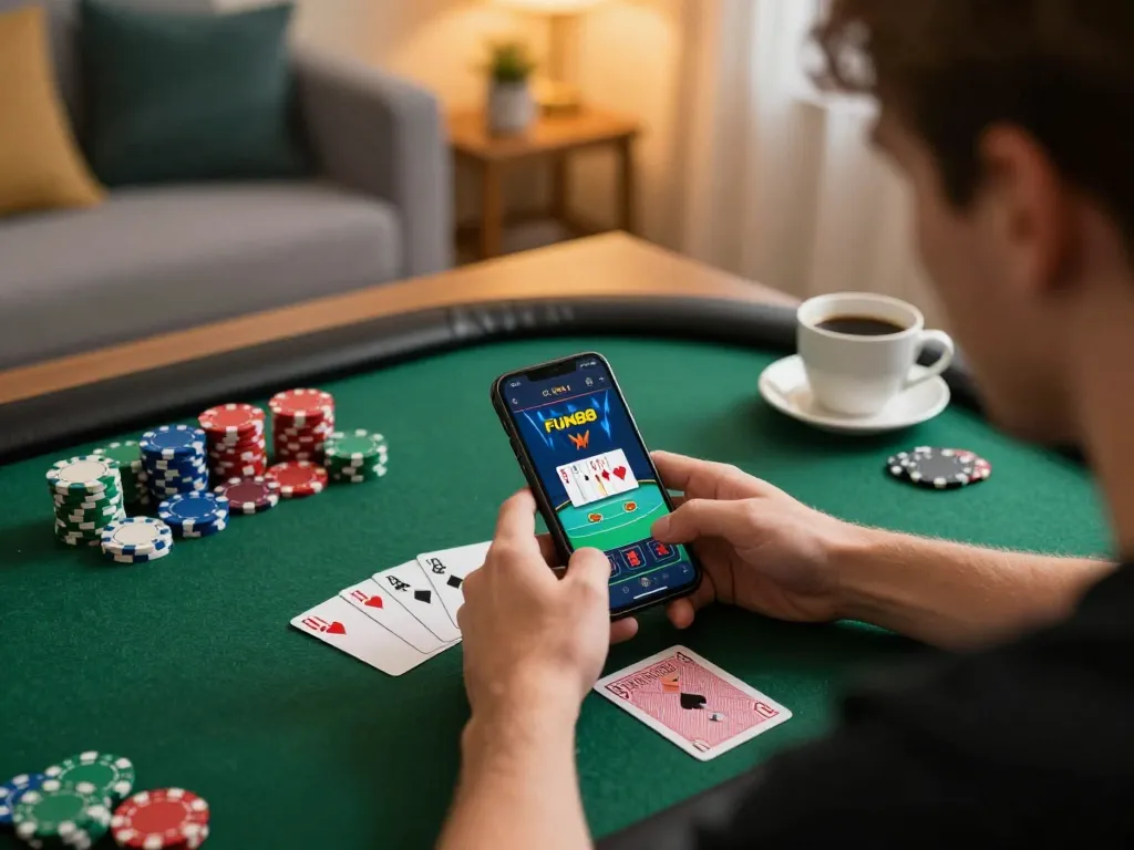 Engaged player using fun88 app for online poker gaming in a cozy home setting