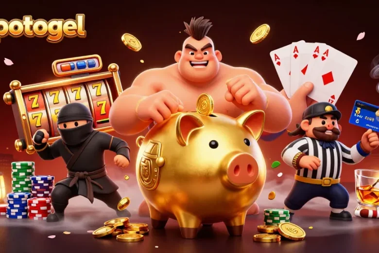 Engage with popotogel as a golden piggy bank wrestler stomps to unleash coins amidst vibrant slot machine elements.
