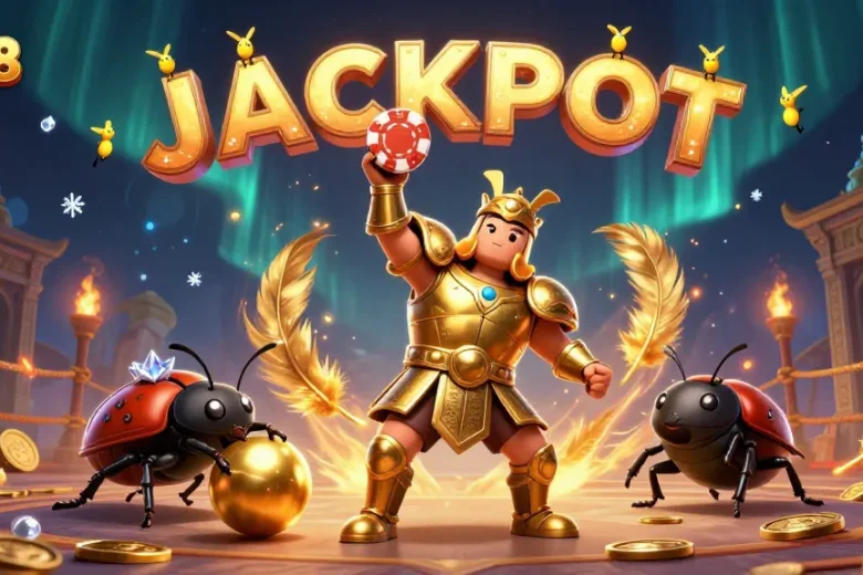 Xo88 features a victorious gladiator beetle and companion in an immersive casino scene.