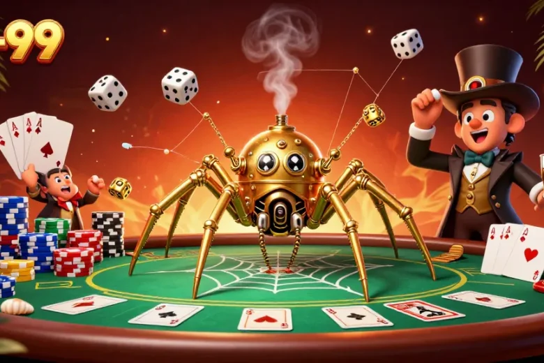 Engage with go-99’s dynamic gaming scene showcasing a golden spider web of chance.