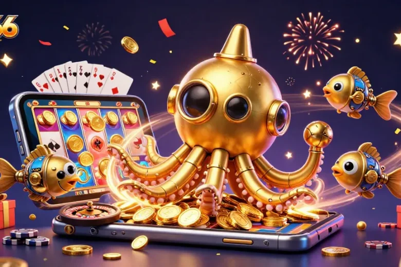 Experience thrilling gameplay with MB66 featuring a golden kraken submarine amidst vibrant slot game elements and dynamic casino items.