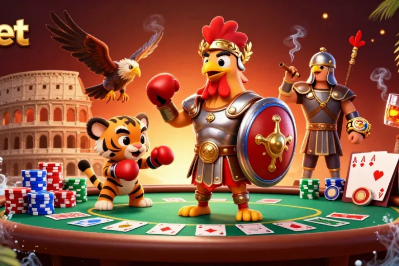 Experience thrilling poker at zbet with a vibrant 3D illustration of a gladiator rooster in action.