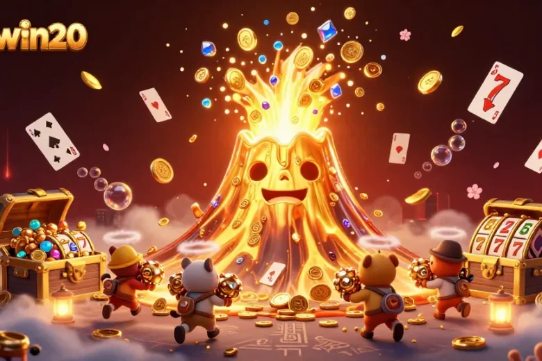 Experience thrilling wins at sunwin20 with a golden volcano erupting coins in a vibrant casino adventure.