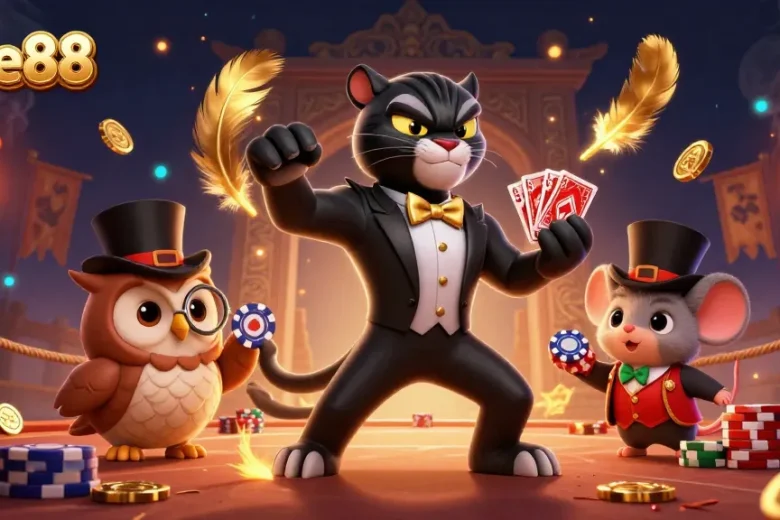 Lode88's vibrant casino scene with a panther, owl, and mouse playing cards amid gold coins and dynamic effects.