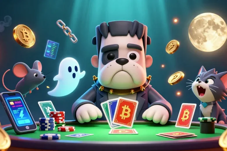 Deal cards at O8's crypto casino featuring a humorous bulldog monster, ghost mouse, and werewolf kitten.