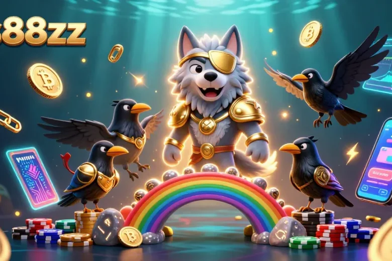 Experience the vibrant world of qs88zz with Odin the wolf and ravens, surrounded by glowing cryptocurrency and gaming elements.