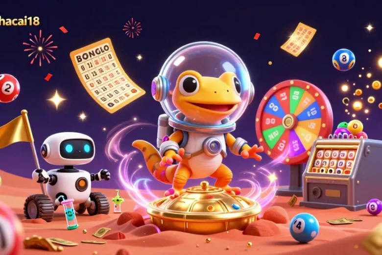 Experience the thrill of soikeonhacai18 with vibrant lottery elements and a Martian gecko in a casino!