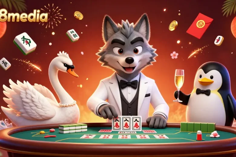 Experience excitement with luck8media at a vibrant baccarat table surrounded by lively casino elements.