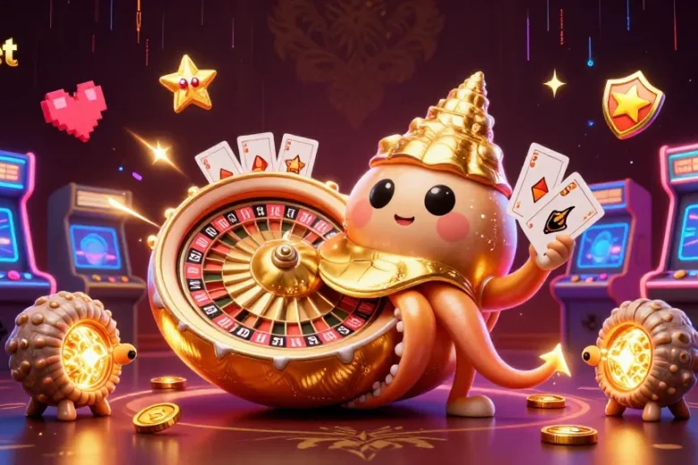 Experience excitement with fabet in this vibrant 3D casino setting featuring a unique nautilus roulette wheel.