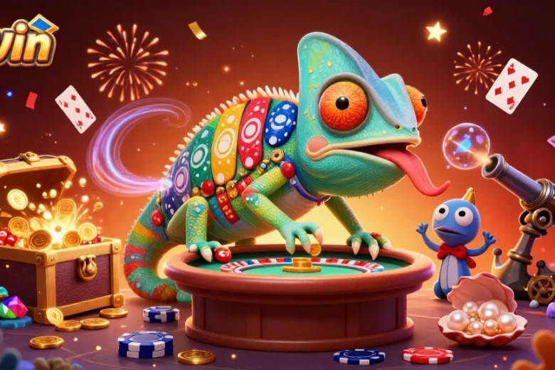 Win big at LLwin with vibrant casino-themed illustration showing a chameleon casino owner surrounded by excitement.