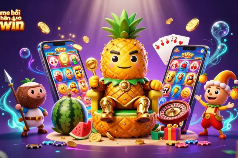 Gamble and win at Cổng game bài đổi thưởng Sunwin with golden pineapple king and vibrant casino elements.