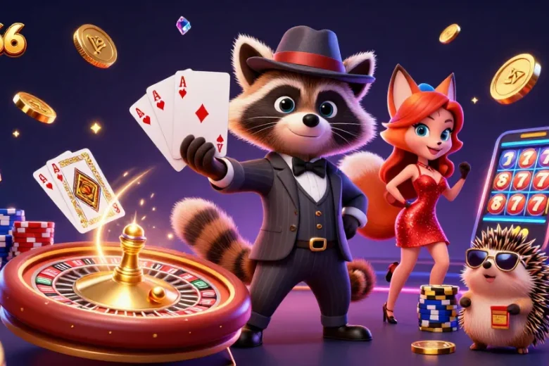 Experience exciting games at MB66 with vibrant characters and action-packed casino elements in this 3D illustration.