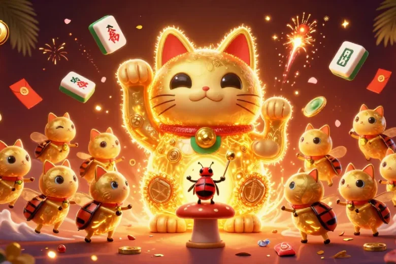Engage with JBO's vibrant gaming adventure featuring animated lucky cat and golden symbols.