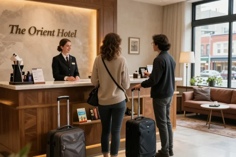 Couple enjoying a warm welcome at ROKOK88 Orient Hotel reception.