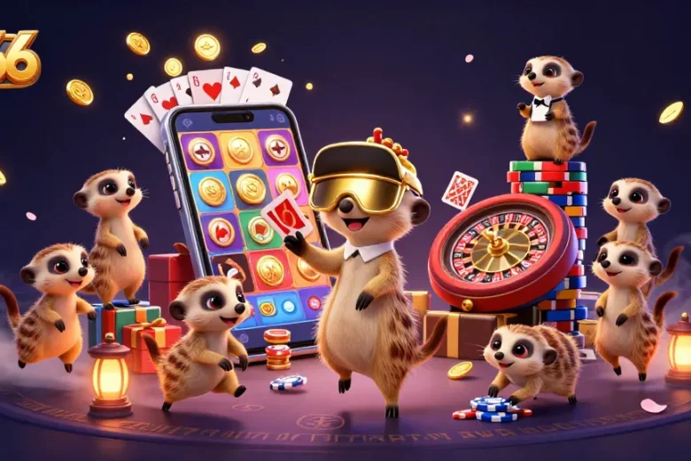 Experience exciting gameplay at s666 with meerkats running a vibrant casino featuring slots and card games.