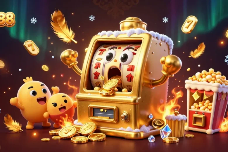 Win big at ao888 with a colorful 3D slot machine illustration bursting with coins and excitement.